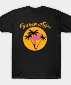 Summertime Flamingo with Palms and Sunset Tee Summer T-shirt T Shirt