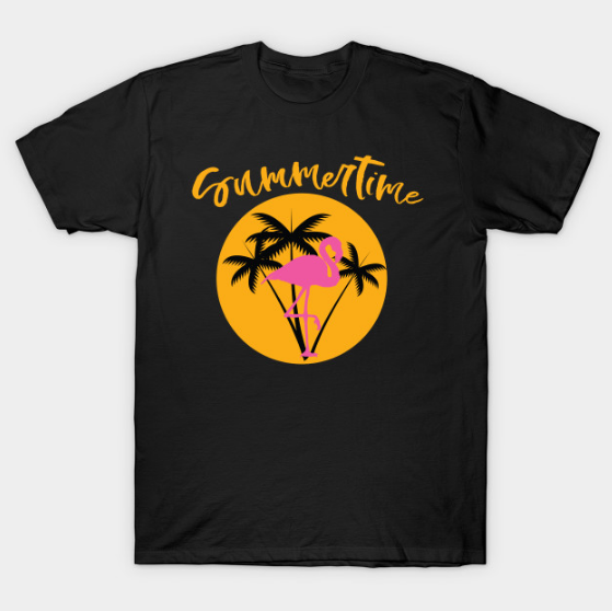 Summertime Flamingo with Palms and Sunset Tee Summer T-shirt T Shirt